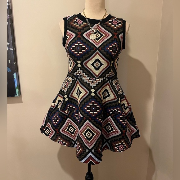 Carpetbag Fit&Flare Geometric Patterned Sleeveless, Crew Neck Lined Dress, Med - Picture 2 of 11